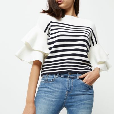 White knit stripe double frill sleeve top